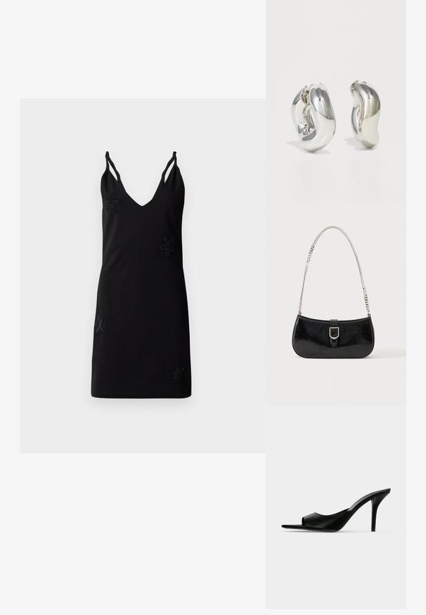 Vestido negro sin mangas con escote en V, hecho de tela suave, que presenta apliques decorativos de estrellas de cuentas en la parte delantera.; Mule de piel negra con punta abierta y tacón alto de aguja fino, mostrado de perfil sobre un fondo liso.; Bolso de hombro de charol negro con detalle de hebilla plateada y correa de cadena plateada, presentado sobre un fondo liso y claro.; Pendientes escultóricos de plata con formas suaves y curvas y superficies reflectantes. Presentan un diseño de aro cerrado y una forma orgánica distintiva.
