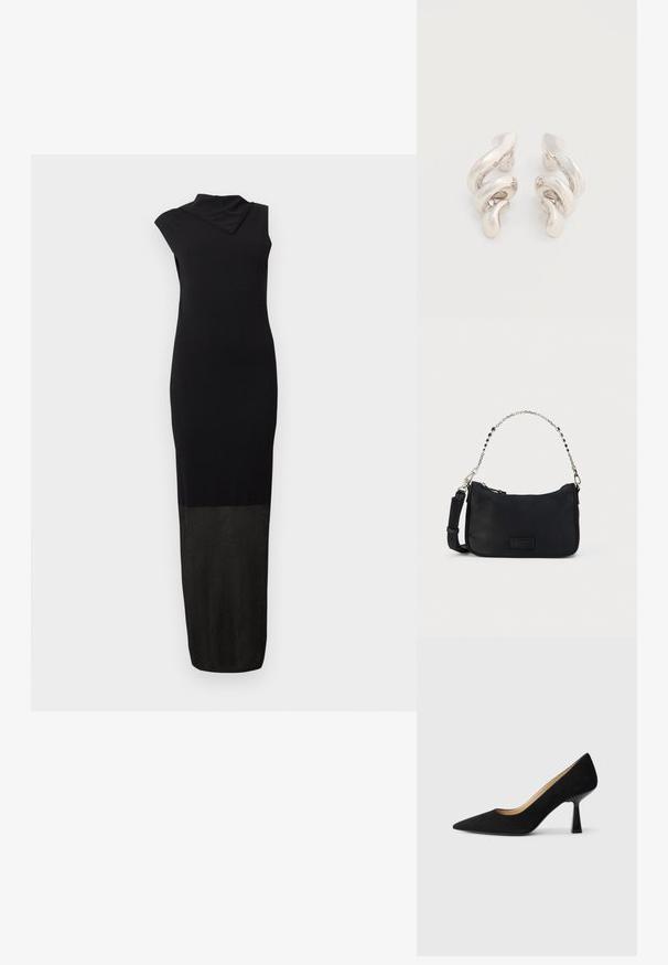 Robe maxi noire sans manches avec un décolleté asymétrique et une moitié inférieure texturée s'étendant jusqu'à l'ourlet.; Pompe à talons hauts en suède noir avec un bout pointu, dotée d'un talon bloc noir brillant et d'une doublure intérieure lisse.; Sac d'épaule en tissu noir avec fermeture éclair supérieure, bandoulière chaîne et cuir, et une pièce de logo texturée à l'avant. Présente un extérieur lisse.; Boucles d'oreilles clips en métal argenté torsadé avec une finition lisse et brillante, présentant un design moderne et abstrait en spirale.