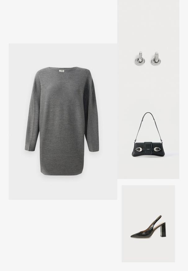 Suéter de punto gris de corte holgado y manga larga, con cuello redondo y dobladillo recto, presentado sobre un fondo blanco.; Zapato de mujer slingback de piel negra con puntera puntiaguda y tacón alto grueso de bloque sobre fondo blanco.; Bolso de hombro de cuero negro con dos hebillas plateadas y correa ajustable, con el logo "HUGO" en el centro frontal.; Par de pequeños pendientes de aro plateados brillantes con base redonda, exhibidos sobre un fondo claro y liso.