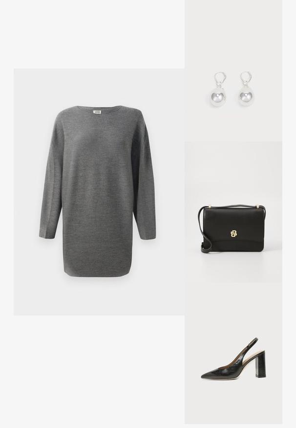 Pull en tricot gris à manches longues à coupe loose avec un col rond et un ourlet droit, présenté sur fond blanc.; Chaussure slingback en cuir noir à bout pointu avec un talon bloc haut et une doublure intérieure beige sur un fond clair uni.; Sac à bandoulière en cuir noir avec une texture lisse, présentant un accent logoté en or et une longue sangle réglable. Design rectangulaire compact.; Boucles d'oreilles en argent en forme de goutte avec des surfaces lisses, rondes et réfléchissantes, suspendues à des fermoirs à ressort. L'arrière-plan est blanc uni.
