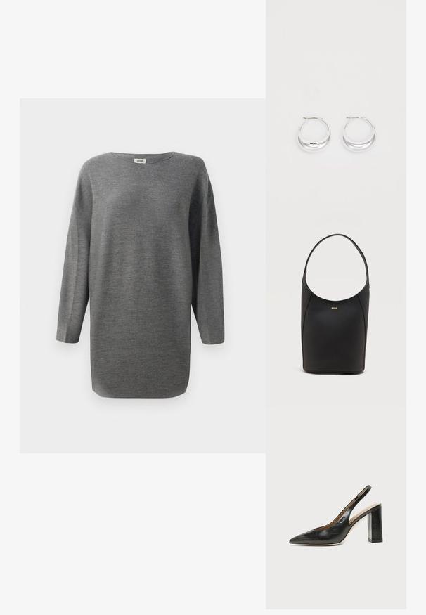 Suéter de punto gris de corte holgado y manga larga, con cuello redondo y dobladillo recto, presentado sobre un fondo blanco.; Zapato slingback de piel negra con puntera puntiaguda, tacón alto y ancho, y forro interior beige sobre un fondo claro y liso.; Bolso de cuero negro tipo saco con una sola correa para el hombro y pequeño logo dorado de BOSS centrado cerca de la parte superior frontal.; Pendientes de aro de plata con un acabado pulido y la marca DKNY, exhibidos sobre un fondo blanco liso.
