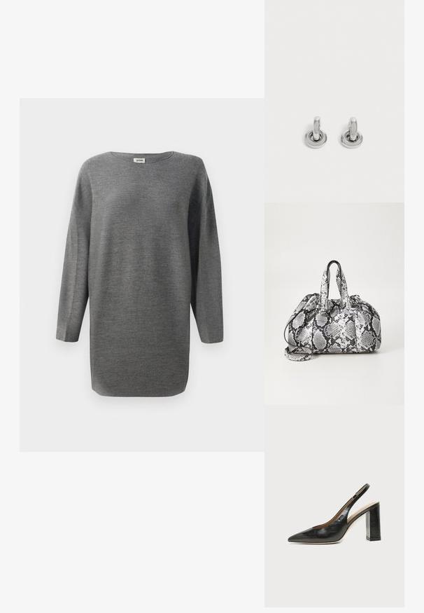 Pull en tricot gris à manches longues à coupe loose avec un col rond et un ourlet droit, présenté sur fond blanc.; Chaussure slingback en cuir noir à bout pointu avec un talon bloc haut et une doublure intérieure beige sur un fond clair uni.; Sac à main en motif peau de serpent noir et blanc avec deux poignées, une fermeture à cordon et une bandoulière amovible. Texture lisse.; Paire de petites boucles d'oreilles créoles argentées brillantes avec une base ronde, présentées sur un fond clair uni.