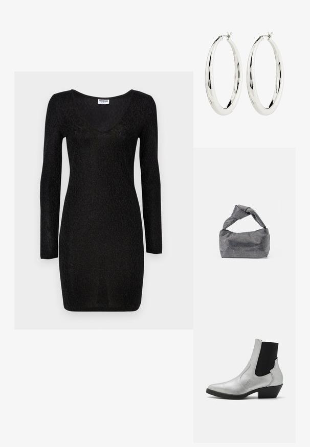 Schwarzes langärmeliges Kleid mit V-Ausschnitt, das ein strukturiertes Muster und eine körpernahe Form aufweist. Hergestellt aus einem dehnbaren, leichten Material.; ONLY SHOES ONLBRONCO SHORT - Cowboy-/Bikerstiefelette - silver; Schwarz-silberne Handtasche mit einer strukturierten Oberfläche, die ein Diamantmuster aufweist, einem geknoteten Griff und einer strukturierten Form.; Silberne Creolen mit einer glatten, reflektierenden Oberfläche. Runde, große Form mit einem sicheren Verschluss an der Oberseite. Polierte Oberfläche betont den Glanz.