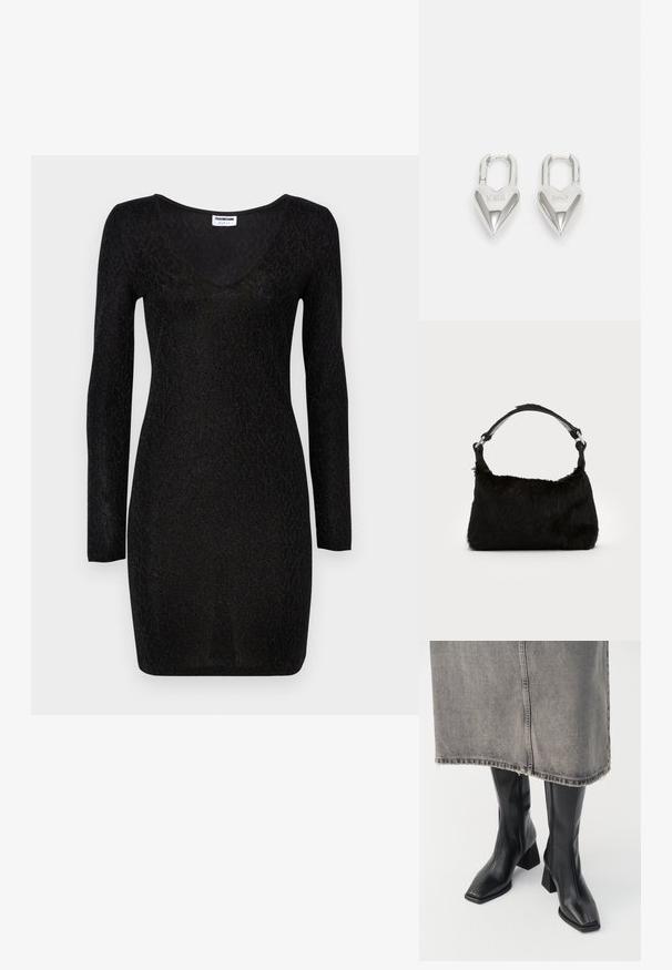 Schwarzes langärmeliges Kleid mit V-Ausschnitt, das ein strukturiertes Muster und eine körpernahe Form aufweist. Hergestellt aus einem dehnbaren, leichten Material.; Schwarze knielange Stiefel aus glattem Leder mit quadrater Zehenpartie und Blockabsatz. Getragen mit einem grauen Jeansrock mit ausgefranstem Saum.; Schwarze Kunstfell-Handtasche mit weicher Textur, runder Form und einem stabilen schwarzen Leder-Schulterriemen. Sichtbare silberne Hardware-Akzente.; Silberne herzförmige Vorhängeschlösser mit eingravierten "JA"- und "NEIN"-Texten, polierte Oberfläche, symmetrisches Design und einem robusten Metallverschluss.