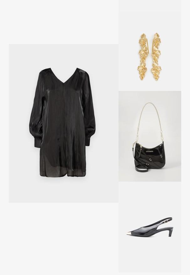 Blusa negra transparente con escote en V, mangas largas abullonadas y un corte holgado. Presenta una textura suave y un diseño ligero y fluido.; Tacón slingback de charol negro con punta afilada, detalle de punta en oro metálico y tacón medio en bloque. Incluye correa ajustable en el tobillo.; Bolso cruzado de cuero sintético negro con forma curvada, correa de cadena plateada, herrajes en tono dorado y correa de hombro ajustable.; Pendientes de oro diseñados como hojas en cascada, con detallados patrones de hojas y un acabado metálico brillante. Ligeros con una estructura delicada.