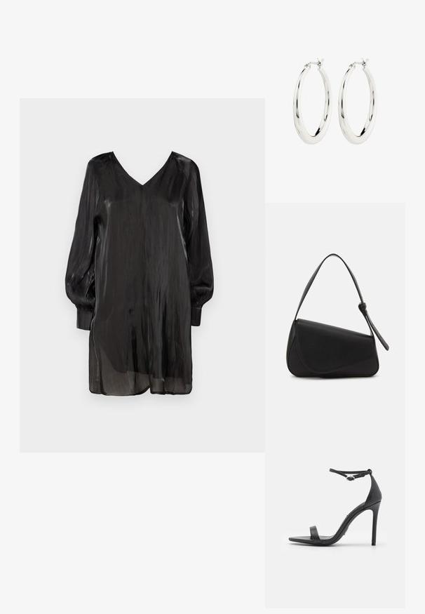 Zwarte, doorzichtige blouse met een V-hals, lange pofmouwen en een relaxte pasvorm. Heeft een gladde textuur en een lichtgewicht, vloeiende uitstraling.; Zwarte hoge hakken sandalen met een open teen, dunne banden en een enkelsluiting. Gladde leren textuur met een puntige neus.; Zwart leren handtas met een driehoekige vorm, schuine klep en een ronde handgreep. Heeft een gladde textuur en minimalistische ontwerpelementen.; Zilveren oorbellen in de vorm van een gladde, glanzende ring. Circulaire vorm, voorzien van een veilige sluiting. Eenvoudig en elegant ontwerp.