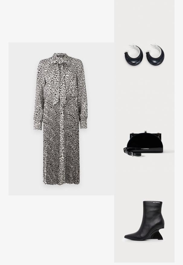 Zwart-witte jurk met een kraag, lange mouwen, strikdetail bij de hals en een geplisseerde rok, gemaakt van lichtgewicht stof.; Zwarte leren enkellaars met gebogen gesculpteerde hak en Karl Lagerfeld-logo nabij de bovenrand op een witte achtergrond.; Zwarte glanzende halfmaanvormige clutch met zilverkleurige frame-sluiting en verstelbare band, gebrandmerkt met het Karl Lagerfeld-logo aan de voorkant.; Zwarte hars oorbellen in de vorm van een ring met een glanzende afwerking en accenten van zilverkleurig metaal. Cirkelvormig met een uitsparing en een sluiting met post.