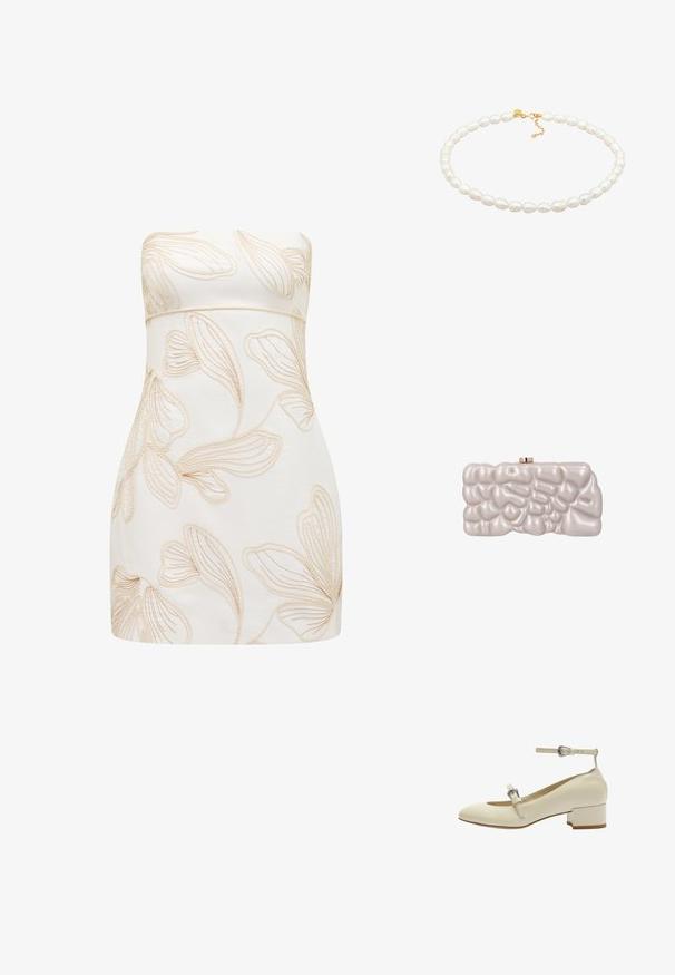 Strapless kjole i creme med præget blomsterdesign i lys beige. Tætsiddende design, glat tekstur, knælængde klip, og ingen synlige lukninger.; Hvide læder sko med blokhæle, rund tå, ankelrem og dekorativ spænde. Glat tekstur og enkelt design.; Cremefarvet clutch-taske med en skinnende, ujævn, bobleagtig tekstureret overflade og en lille guldfarvet lås på toppen.; Elli CHOKER SUMMER STYLE - Halskæder - gold-coloured