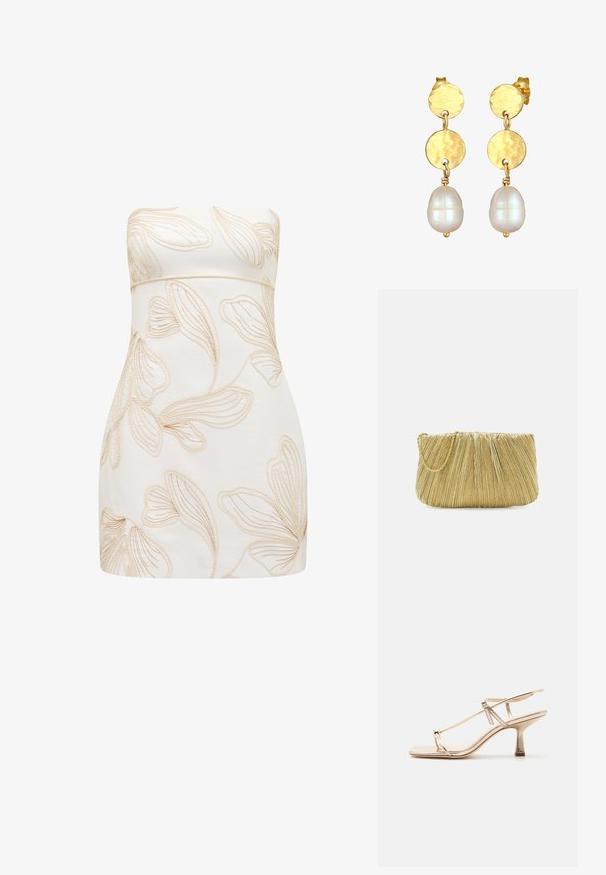 Vestido sin tirantes en crema con patrones florales en relieve en beis claro. Diseño ajustado, textura suave, corte a la altura de la rodilla y sin cierres visibles.; Sandalia dorada con tiras, tacón bajo de estilo kitten, correa ajustable en el tobillo y lazo en el dedo, sobre un fondo claro y sencillo.; Loeffler Randall BRIT PLEATED FLAT - Clutch - gold-coloured; Pendientes en tono dorado que presentan dos discos circulares martillados por encima de una perla de agua dulce blanca con forma ovalada y suave.