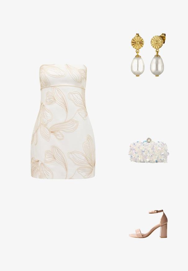Strapless kjole i creme med præget blomsterdesign i lys beige. Tætsiddende design, glat tekstur, knælængde klip, og ingen synlige lukninger.; Nude lakhelede hæl-sandal har en firkantet åben tå, ankelrem med spænde og en kraftig blokhæl for stabilitet.; Hvid clutch-taske dækket med iriserende blomsterapplikationer og perleaccents, med perlelås øverst.; Guldøreringe med en textureret rund stud og en glitrende overflade, der hænger ned fra en glat, hvid, dråbeformet perle.