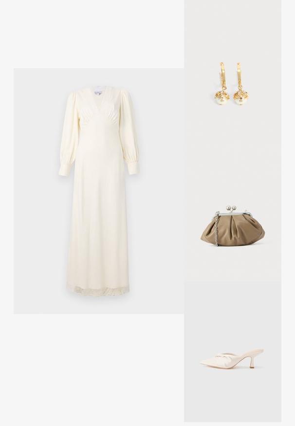 Langes kremfarbenes Kleid mit tiefem V-Ausschnitt, Puffärmeln und Spitzenbesatz am Saum. Glattes Material mit tailliertem Oberteil und fließendem Rock.; Mule-Schuh aus hellbeigem Stoff mit einem geknoteten Design vorne, spitzer Zehe und einem schlanken, verjüngten Absatz. Insgesamt glatte Textur.; Lederclutch in sanftem Beige mit abgerundeter Form, plissierter Textur, silbernem Kissenschloss und abnehmbarem Kettenriemen.; Goldene Creolen mit hängenden weißen Perlen, die in Gold gefasst sind, und kleinen klaren Kristallen auf einem schlichten hellen Hintergrund.