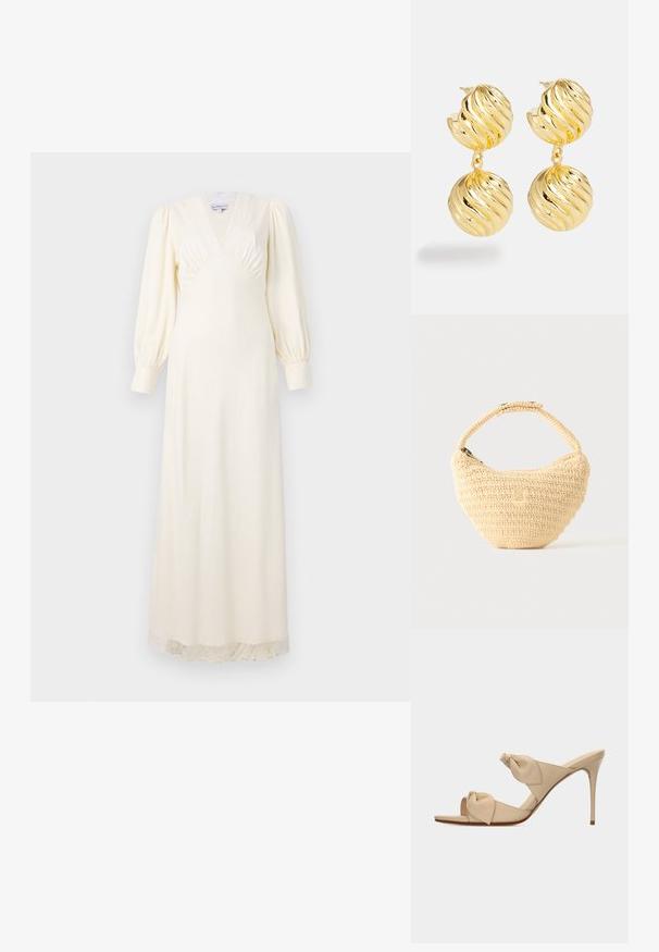 Langes kremfarbenes Kleid mit tiefem V-Ausschnitt, Puffärmeln und Spitzenbesatz am Saum. Glattes Material mit tailliertem Oberteil und fließendem Rock.; Beige offene High-Heel-Pantoffel mit zwei verdrehten Knotenriemen und einem schlanken Stiletto-Absatz vor weißem Hintergrund.; Beige gewebte Handtasche mit rundem Körper, Reißverschluss und kurzem, dickem Riemen in einfachem, strukturiertem Häkelstil.; Goldfarbene Ohrringe mit einem gedrehten Design. Sie besitzen zwei kugelförmige Elemente, die beide eine wellige Textur und eine polierte Oberfläche aufweisen.