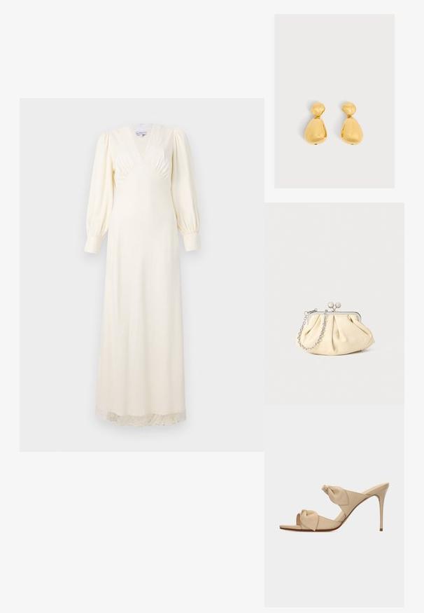 Lange crème jurk met een diepe V-hals, pofmouwen en kant trim aan de zoom. Gladde stof met een getailleerde lijfje en een vloeiende rok.; Beige open-toe hoge hak mule sandaal met twee gedraaide knoopbanden en een smalle naaldhak op witte achtergrond.; Geplooide beige leren clutch met een zilveren metalen frame, voorzien van twee ronde decoratieve sluitingen en een zilveren kettingriem.; Paar glanzende gouden druppelvormige oorbellen met een kleiner afgerond bovenstuk verbonden met een groter peer-vormig onderstuk.