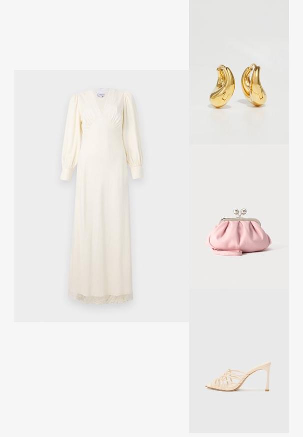 Langes kremfarbenes Kleid mit tiefem V-Ausschnitt, Puffärmeln und Spitzenbesatz am Saum. Glattes Material mit tailliertem Oberteil und fließendem Rock.; Beige High Heels mit einem Riemen-Design. Sie verfügen über eine quadratische Spitze, eine glatte Oberfläche und einen schlanken Absatz mit einem goldenen Akzent an der Basis.; Kleine weiche rosa Clutch mit silbernem Metallrahmen und rundem Verschluss, liegend auf einer flachen hellen Oberfläche mit gefaltetem Handgelenksriemen vorne.; Goldene Creolen mit einer glatten, geschwungenen Form und polierter Oberfläche. Mit einem Verschlussmechanismus und leichten Einkerbungen für Details.
