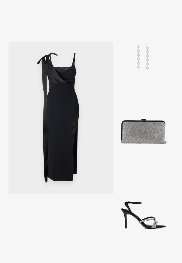 Zwarte jurk met een getailleerd ontwerp, satijnen accenten en een zijsplit. Voorzien van dunne bandjes en een flatterende gedrapeerde halslijn met een strikdetail.; Zwarte sandalen met hoge hak, dunne enkelriem en drie sprankelende met strass versierde banden aan de voorkant.; Rechthoekige zilveren clutchtas bedekt met kleine strass-steentjes, met een zwart-zilveren metalen frame en een sluiting met gesp.; Zilveren druppelvormige oorbellen met zes gestapelde gepolijste bollen op elke, met een recht verticale ontwerp en sluitingen met post achter.