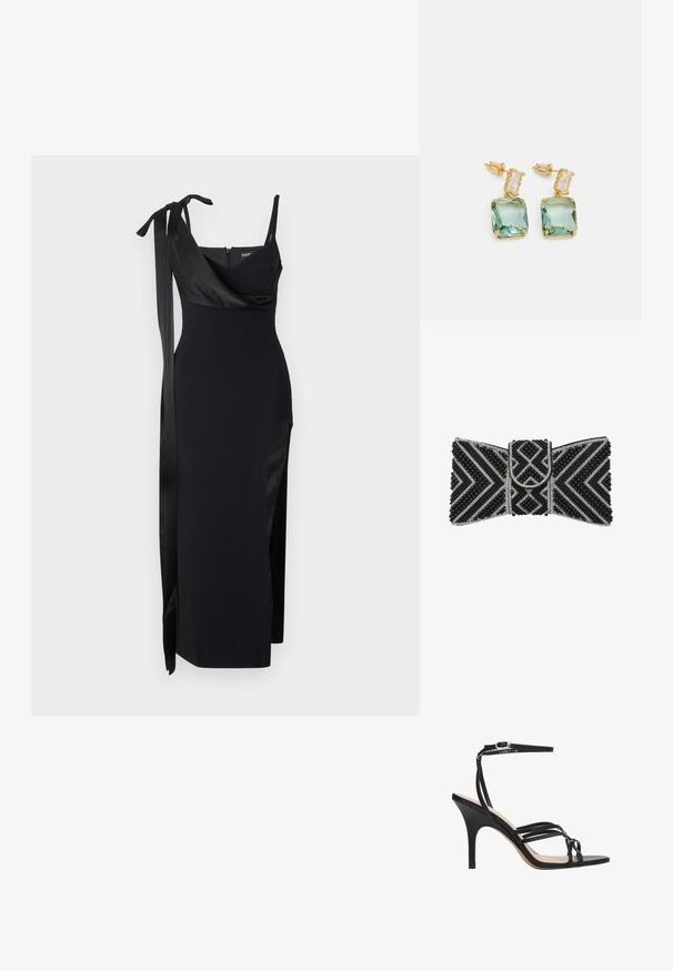 Zwarte jurk met een getailleerd ontwerp, satijnen accenten en een zijsplit. Voorzien van dunne bandjes en een flatterende gedrapeerde halslijn met een strikdetail.; Zwarte sandalen met hoge hak en bandjes, met een slank ontwerp, voorzien van een dunne enkelband, open teen en een gladde afwerking op een taps toelopende hak.; Zwarte clutch met geometrische kralenpatronen in zwart en zilver, met klepsluiting en symmetrische chevron- en diamantmotieven.; Gouden oorbellen met een rechthoekige aqua-groene steen en een kleinere heldere steen erboven, gezet in een pronged ontwerp.