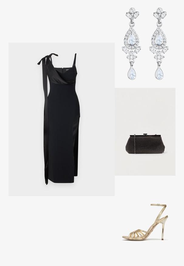 Robe noire avec un design ajusté, des accents en satin et une fente sur le côté. Présente des fines bretelles et un décolleté drapé flatteur avec un détail à nouer.; Sandale à talon haut dorée avec plusieurs lanières métalliques, bride à la cheville et talon aiguille élégant arborant un motif décoratif. Texture lisse.; Pochette noire en mesh avec une silhouette structurée, ornée de petits clous métalliques, dotée d'une fermeture à clip et d'une bandoulière en chaîne détachable.; Elli ANTIQUE DROP - Boucles d'oreilles - weiß