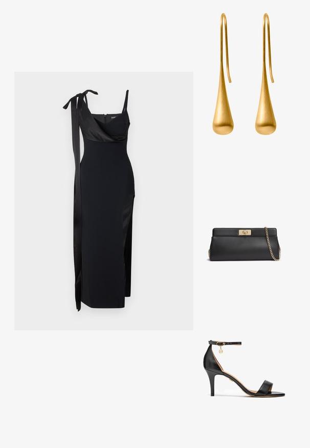 Zwarte jurk met een getailleerd ontwerp, satijnen accenten en een zijsplit. Voorzien van dunne bandjes en een flatterende gedrapeerde halslijn met een strikdetail.; Zwarte leren hoge hak sandaal met een enkele band over de tenen, enkelband, gouden hardware en een slanke stiletto hak.; Zwarte leren clutch met goudkleurige metalen draaisluiting en een bijpassende schouderketting in goudkleur.; Gouden druppelogen in een slank, langwerpig druppelvorm met een geborstelde afwerking en draad haken voor gemakkelijk dragen.