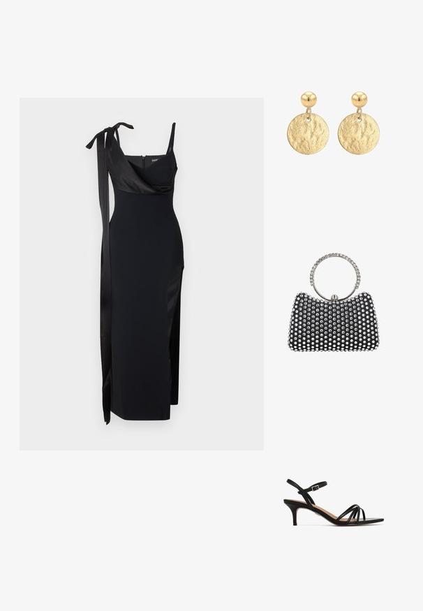 Sort kjole med en tætsiddende design, satin detaljer og slidse i siden. Har tynde stropper og en flatterende drapering neckline med en bindedetalje.; Sorte sandaler med hæl og små hæle, der har en slank ankelrem og krydsende forreste remme på en glat, flad sål.; Sort aftenclutch dækket med jævnt placerede sølvnitter og et rundt håndtag dekoreret med klare rhinsten.; Guldcirkulære øreringe med en struktureret overflade, med en glat guld kuglestift øverst, hængende fra en lille metalring.