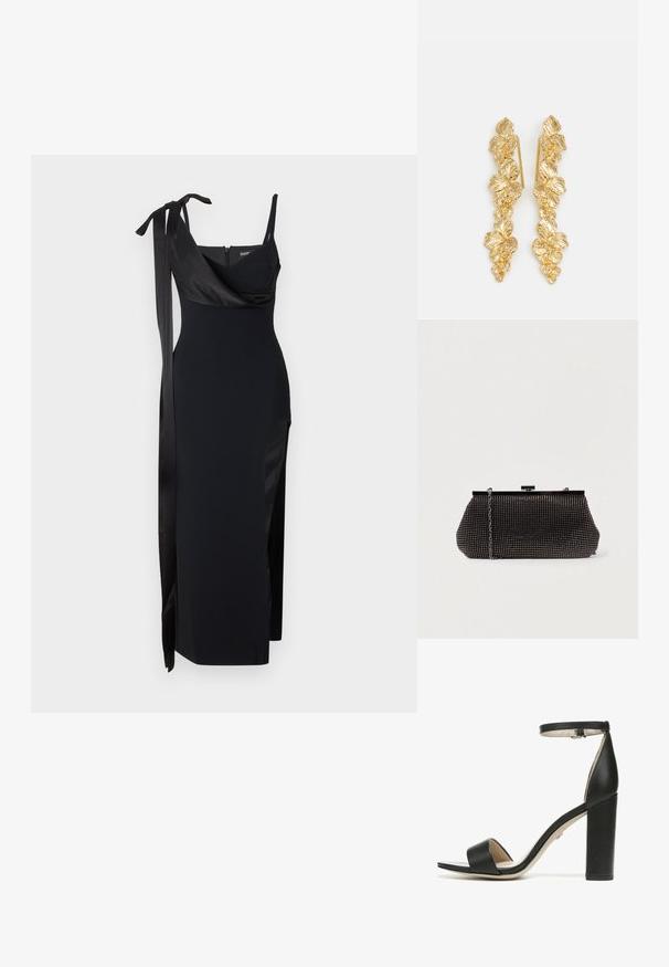 Zwarte jurk met een getailleerd ontwerp, satijnen accenten en een zijsplit. Voorzien van dunne bandjes en een flatterende gedrapeerde halslijn met een strikdetail.; Zwarte high-heeled sandaal met een brede band over de tenen, een enkelbandje en een chunky, vierkante hak. Gemaakt van glad leer en met een minimalistisch ontwerp.; Zwarte mesh clutchbag met een gestructureerde silhouette, versierd met kleine metalen studs, heeft een sluiting met een klapmechanisme en een afneembare kettingriem.; Gouden oorbellen ontworpen als watervallen van bladeren, met gedetailleerde bladvormen en een glanzende metalen afwerking. Lichtgewicht met een delicate structuur.