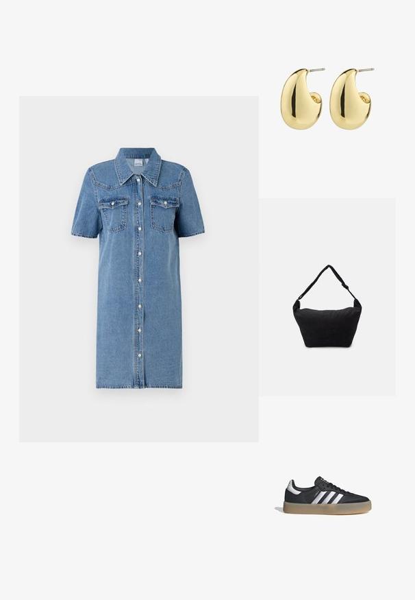 Vestido de camisa de mezclilla en azul claro, de manga corta, con cierre de botones, dos bolsillos en el pecho y una ligera forma de A. Textura suave con costuras en contraste.; Zapatilla deportiva de cuero negro con tres rayas plateadas, punta texturizada y suela de goma. Cuenta con un collar acolchado y un diseño con cordones.; Bolso de hombro de tela negro con una superficie suave y texturizada, forma redondeada y una sola correa. Diseño minimalista sin hardware ni acentos visibles.; Pendientes de stud en tono dorado con una superficie suave y pulida, que presentan una forma abstracta en forma de lágrima. Hardware de metal simple para la sujeción.