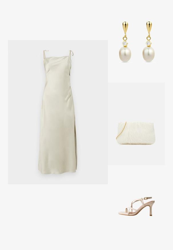 Vestido de satén en beige claro, con tirantes ajustables, escote recto y una abertura lateral para mayor comodidad y movimiento.; Sandalia de tacón alto beige con finas tiras cruzadas y una correa ajustable en el tobillo con una hebilla dorada.; Bolso de mano texturizado blanco con un diseño fruncido, que cuenta con una cadena dorada. Acabado liso con suaves ondas y bordes redondeados.; Pendientes de gota de oro con perlas blancas y pequeñas piedras preciosas claras sobre cada perla, mostrados sobre un fondo blanco.