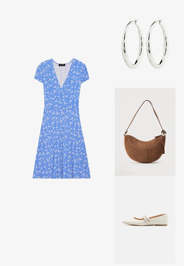 Vestido envolvente azul con flores y mangas cortas, con un escote en V, tejido suave y una falda acampanada decorada con patrones de flores blancas.; Bailarinas de charol blanco con punta afilada, dos tiras decorativas con hebillas plateadas y una plantilla sutilmente marrón.; Bolso de ante marrón con forma curva de media luna. Cuenta con una correa para el hombro, una pequeña etiqueta y costuras visibles a lo largo de los bordes.; Pendientes de aro de plata con una superficie lisa y reflectante. Forma redonda y grande con un cierre seguro en la parte superior. El acabado pulido resalta el brillo.