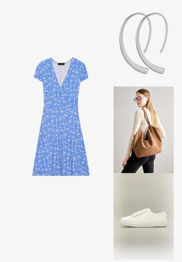 Vestido envolvente azul con flores y mangas cortas, con un escote en V, tejido suave y una falda acampanada decorada con patrones de flores blancas.; Zapatilla blanca baja con cordones blancos y suela de goma mostrada desde vista lateral sobre un fondo neutro.; Bolso de tote de ante marrón con textura suave, gran abertura y asas largas. Presenta un diseño sencillo con costuras visibles y sin herrajes.; Pendientes de aro de metal plateado con una superficie lisa y brillante, en forma de media luna, que presentan un diseño minimalista y sin patrones visibles.