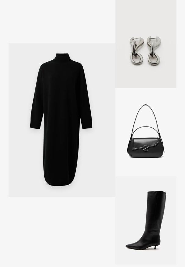 Robe midi tricot à col roulé noir à manches longues, avec des poignets et un ourlet côtelés, présentée sur un fond blanc uni.; Botte noire en cuir jusqu'au genou avec bout pointu et petit talon kitten sur un fond clair uni.; Sac à bandoulière en cuir noir avec un rabat incurvé fermé par un fermoir métallique rond et une sangle fine et ajustable.; Paire de boucles d'oreilles en métal argenté avec un motif abstrait d'anneaux entrelacés sur fond blanc.