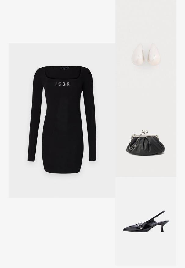 Zwart langoorig jurkje met een vierkante halslijn, voorzien van 'ICON' in rhinestones over de borst, gemaakt van een gladde, rekbare stof.; Zwarte slingback kitten heel schoen van lakleer met puntige neus en zilveren gespsluiting op een effen witte achtergrond.; Zwarte leren clutch met geplooide textuur, zilverkleurig metalen frame, drukknopsluiting en kettingriem. Glad, zacht oppervlak.; Zilveren metalen druppeloorbellen met een gladde, reflecterende oppervlakte en een druppelvorm, voorzien van een naadloos ontwerp en zonder zichtbare versieringen.
