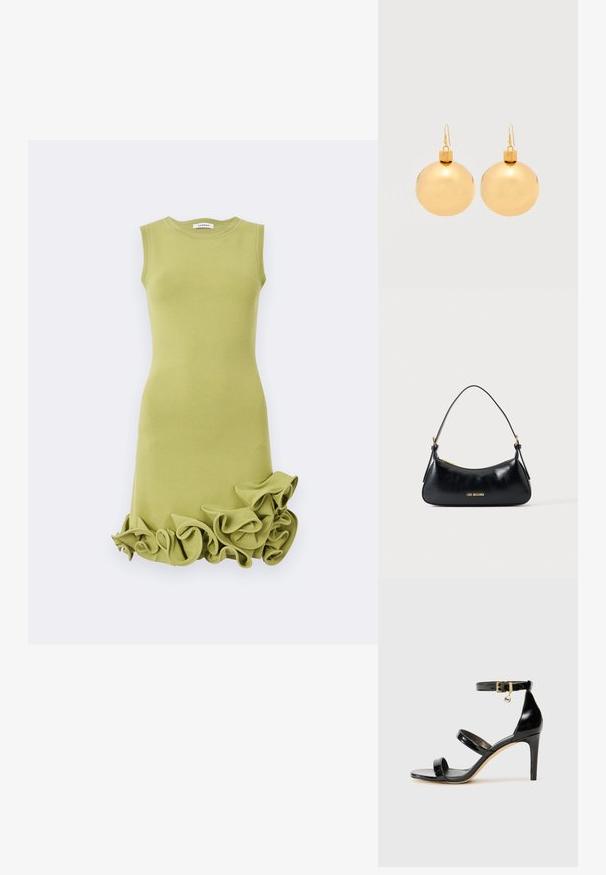 Robe cintrée sans manches vert clair avec encolure ronde et détails à volants sur l'ourlet.; Sandale en cuir verni noir avec trois brides, boucle de cheville et talon aiguille de 10 cm. Présente un détail en métal doré et un charm logo.; Sac d'épaule en cuir noir avec fermeture éclair dorée et logo "LOVE MOSCHINO" sur le devant, doté d'une poignée supérieure incurvée.; Paire de boucles d'oreilles boule de Noël dorées brillantes avec fermoirs à crochet sur fond blanc uni.