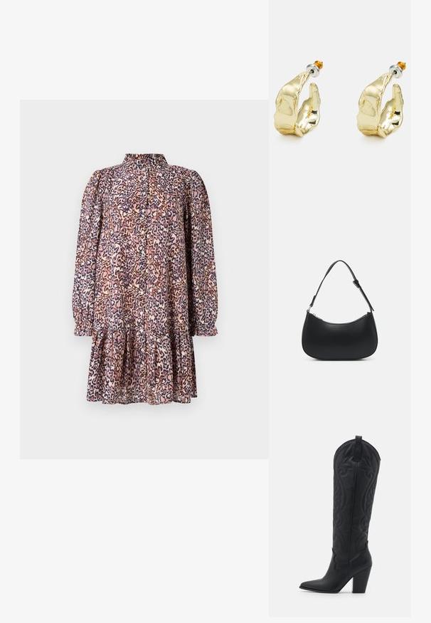 Vestido con estampado de leopardo, cuello tipo camisa, frente abotonado, mangas largas abullonadas y un dobladillo con volantes en capas. Confeccionado en una tela ligera de color rosa y azul marino.; Zign by Zalando LEATHER - Botas camperas - black; Pieces PCALUANA SHOULDER BAG - Bolso de mano - black; Pendientes en tono dorado con forma de manos abstractas, que presentan una superficie brillante, detalles intrincados y un poste de plata y oro para un ajuste seguro.