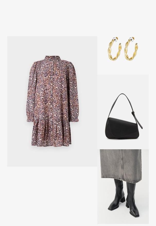 Vestido con estampado de leopardo, cuello tipo camisa, frente abotonado, mangas largas abullonadas y un dobladillo con volantes en capas. Confeccionado en una tela ligera de color rosa y azul marino.; Botas negras hasta la rodilla de cuero liso con punta cuadrada y tacón cuadrado. Llevadas con una falda de mezclilla gris con dobladillo desflecado.; Bolso de mano de cuero negro con forma triangular, tapa en ángulo y un asa superior redondeada. Presenta una textura suave y detalles de diseño minimalistas.; Pendientes de aro retorcidos en oro con una superficie lisa, que cuentan con un respaldo transparente y herrajes en tono dorado.