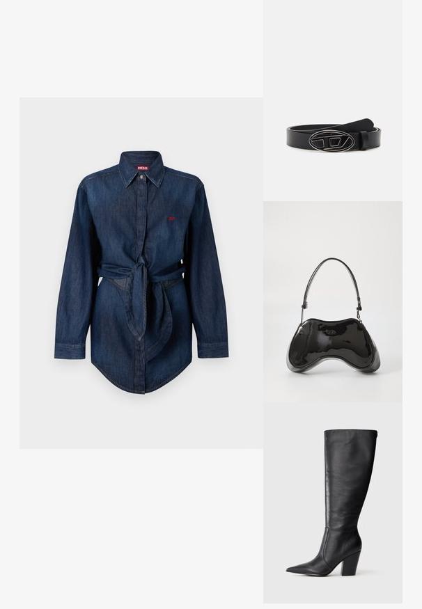 Chemise en denim bleu foncé à manches longues avec col, fermeture à boutons sur le devant, ceinture à la taille et petit logo Diesel rouge sur la poitrine.; Botte en cuir noire à hauteur de genou avec bout pointu et talon large, présentée en profil latéral gauche sur fond blanc.; Sac à main en cuir verni noir avec une forme incurvée unique, une anse courte et ajustable, et une fermeture zippée. Texture lisse avec un branding discret.; Ceinture en cuir noir avec une large sangle, une boucle ovale en argent au design géométrique, et une texture lisse sur toute sa surface.