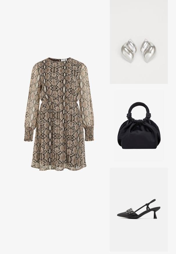 Vestido de estampado de serpiente en tonos marrón y crema, tejido transparente, mangas largas con puños fruncidos, cintura ajustada y escote redondeado con cierre en la parte posterior.; Simmi London DALA - Tacones - black; Bolso de mano de tela negra suave con parte superior fruncida y asas acolchadas circulares atadas con nudos a cada lado.; Pendientes de plata con una forma orgánica y abstracta. Superficie lisa y brillante con un diseño cónico. Presentan suaves curvas y un detalle de línea central.