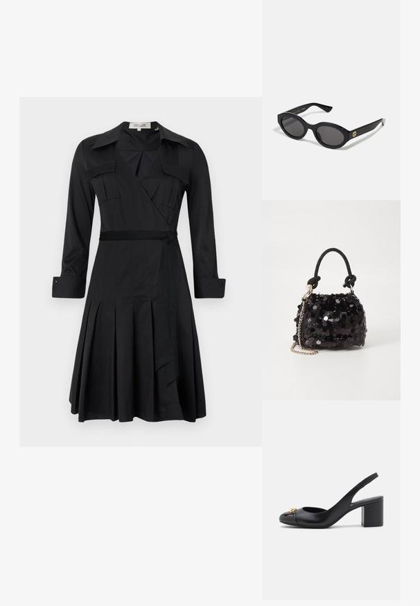 Schwarzes Wickelkleid mit langen Ärmeln, Kragen, zwei Brusttaschen und Taillengurt. Mit einem gelegten Rock für zusätzlichen Textur und Bewegung.; Schwarze Leder-Slingback-Schuhe mit runder Spitze, Blockabsatz und goldenen Akzenten auf dem Blatt. Glatte Textur und minimalistisches Design.; Schwarze ovale Sonnenbrille mit dunklen Gläsern und glänzendem Kunststoffrahmen. Mit goldenem Logo am Bügel, das ein elegantes und modernes Design bietet.; Schwarze Pailletten-Mini-Handtasche mit einem geknoteten, strukturierten Tragegurt und einer silbernen Kette. Abgerundete Form mit gerafftem oberen Teil und reflektierenden Details.