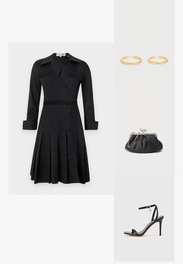 Robe noire à manches longues, avec col, deux poches poitrine et une ceinture à la taille. Comprend une jupe plissée pour ajouter de la texture et du mouvement.; Sandale à talon haut noire avec une bride étroite à la cheville, bout carré, cuir lisse et accent de boucle métallique.; Porte-monnaie en cuir noir avec texture froncée, cadre en métal argenté, fermeture à verrouillage kiss-lock et bandoulière en chaîne. Surface lisse et douce.; Paire de boucles d'oreilles créoles en or poli de taille moyenne avec des fermoirs en fil fin sur fond blanc uni.