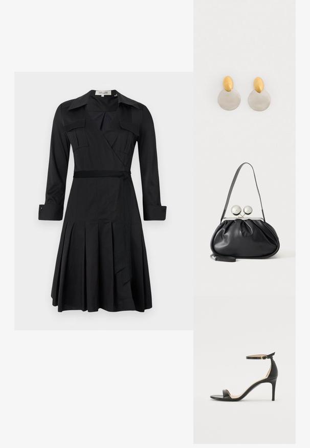 Robe noire à manches longues, avec col, deux poches poitrine et une ceinture à la taille. Comprend une jupe plissée pour ajouter de la texture et du mouvement.; Sandale à talons hauts en cuir noir avec une lanière de cheville. Présente une texture lisse, un bout ouvert et un talon fin. Détail de boucle en ton doré.; Sac à main en cuir noir avec un design plissé, une sangle unique, un cadre métallique argenté et deux grandes fermoirs ronds en argent.; Boucles d'oreilles en métal doré et argenté avec une base en disque rond et une pièce supérieure ovale, texture lisse et finition polie.