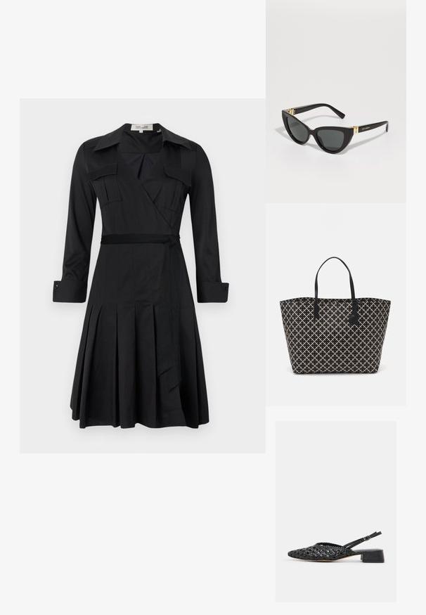 Schwarzes Wickelkleid mit langen Ärmeln, Kragen, zwei Brusttaschen und Taillengurt. Mit einem gelegten Rock für zusätzlichen Textur und Bewegung.; Schwarzer gewebter Lederslingback-Schuh mit niedrigem Blockabsatz und verstellbarem Schnallenriemen, seitlich auf weißem Hintergrund gesehen.; Katzenaugen-Sonnenbrille mit schwarzen Kunststoffrahmen, dunklen Gläsern und goldfarbenen Akzenten an den Bügeln. Glatte Textur und mutiges Design.; Tasche aus gewebtem Stoff mit einem schwarz-elfenbeinfarbenen Kreuzmuster, Ledergriffen und einem kleinen schwarzen Tag-Detail.