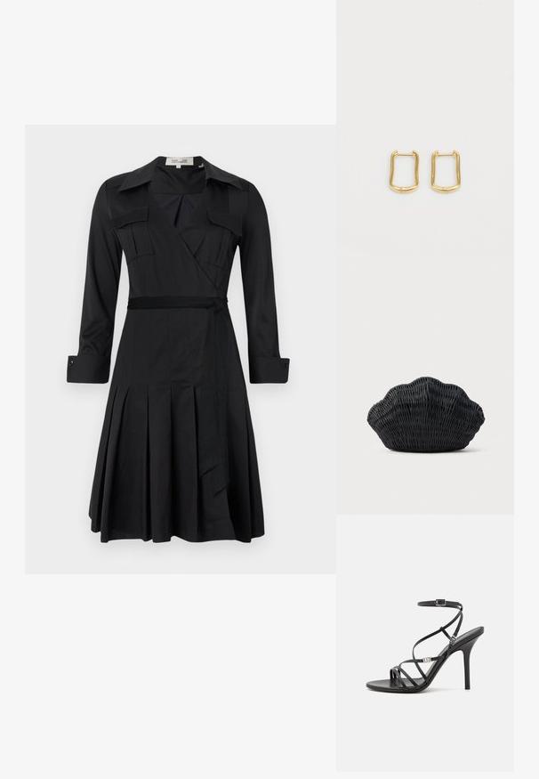 Robe noire à manches longues, avec col, deux poches poitrine et une ceinture à la taille. Comprend une jupe plissée pour ajouter de la texture et du mouvement.; Sandale noire à talons hauts avec des brides fines, une boucle à la cheville, une surface en cuir lisse et un talon aiguille élancé.; Sac à main en osier noir en forme de coquille Saint-Jacques avec un dessus courbé et une texture tressée sur un fond uni.; Boucles d'oreilles en or en forme rectangulaire irrégulière, avec une texture lisse et un éclat subtil. Design simple sans embellissements.