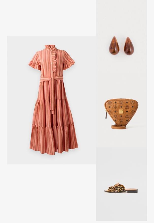 Gestreepte midi-jurk in roze en beige, met een gerimpelde kraag, korte mouwen, knoopsluiting aan de voorkant en een ceintuur met een gelaagde rok.; Luipaardprint slip-on sandalen met tan leren banden, open teen en lage zwarte hak. Beschikt over een uitgesneden ontwerp en een zachte bovenkant.; Bruine driehoekige leren crossbodytas met zwarte MCM-logo's, gouden metalen merkplaatje en een ritssluiting op een witte achtergrond.; Een paar glanzende bruine druppelvormige oorbellen met subtiele donkerdere patronen op een witte achtergrond.