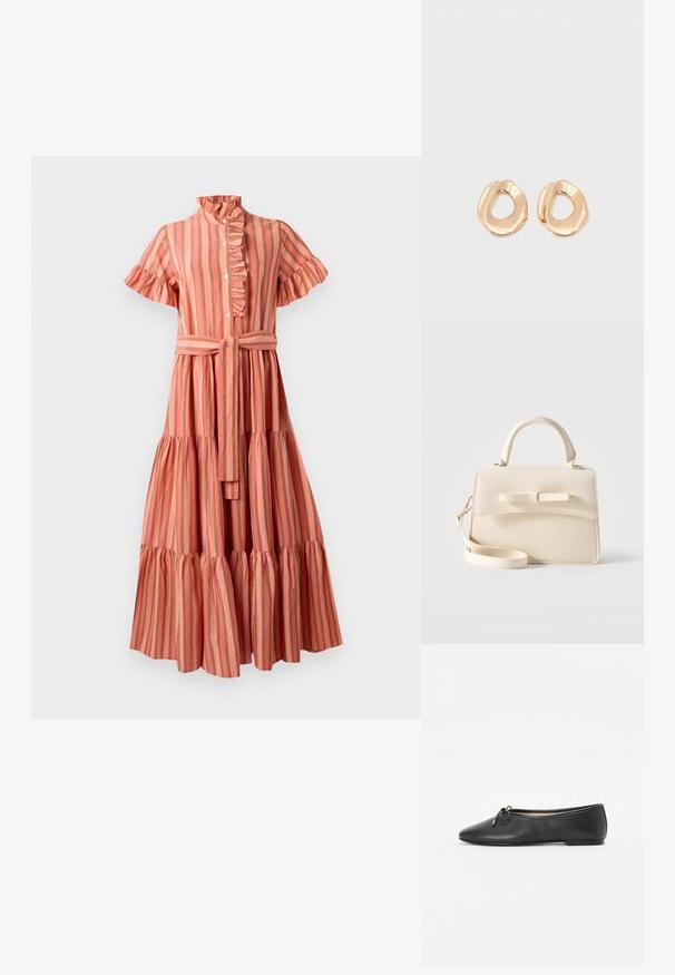 Gestreepte midi-jurk in roze en beige, met een gerimpelde kraag, korte mouwen, knoopsluiting aan de voorkant en een ceintuur met een gelaagde rok.; Zwarte leren balletschoenen met een ronde neus en een decoratieve strikdetail. Het ontwerp heeft een gladde textuur en een lage, platte hak.; Kleine beige handtas met bovenhandvat, afneembare riem, voorflap en decoratieve horizontale strik op een effen achtergrond.; Set van onregelmatig gevormde, gepolijste hoepel oorbellen van goudkleurig metaal met een open midden op een effen witte achtergrond.