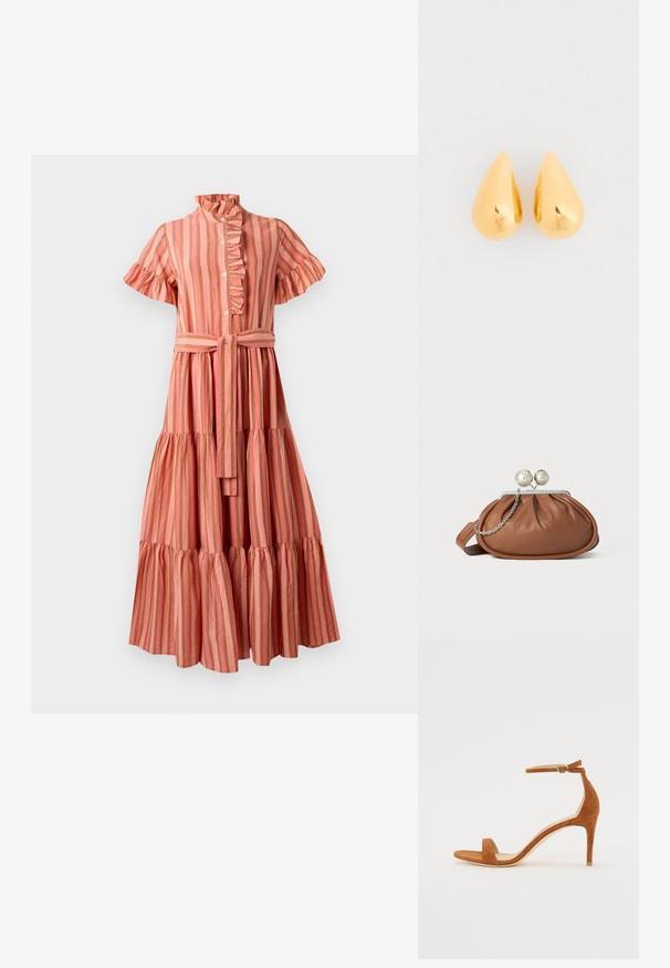 Vestido midi a rayas en rosa y beige, con un cuello rizado, mangas cortas, cierre de botones en la parte delantera y cintura ceñida con un falda de volantes.; Sandal de tacón alto de ante marrón con una delgada correa en el tobillo y una hebilla dorada, puntera abierta y un diseño elegante y minimalista.; Bolso de mano de cuero marrón con cierre de bola plateada y un pequeño detalle de cadena plateada sobre un fondo blanco.; Pendientes de lágrima de oro con una superficie lisa y pulida y fondos redondeados, que reflejan la luz con un acabado brillante.