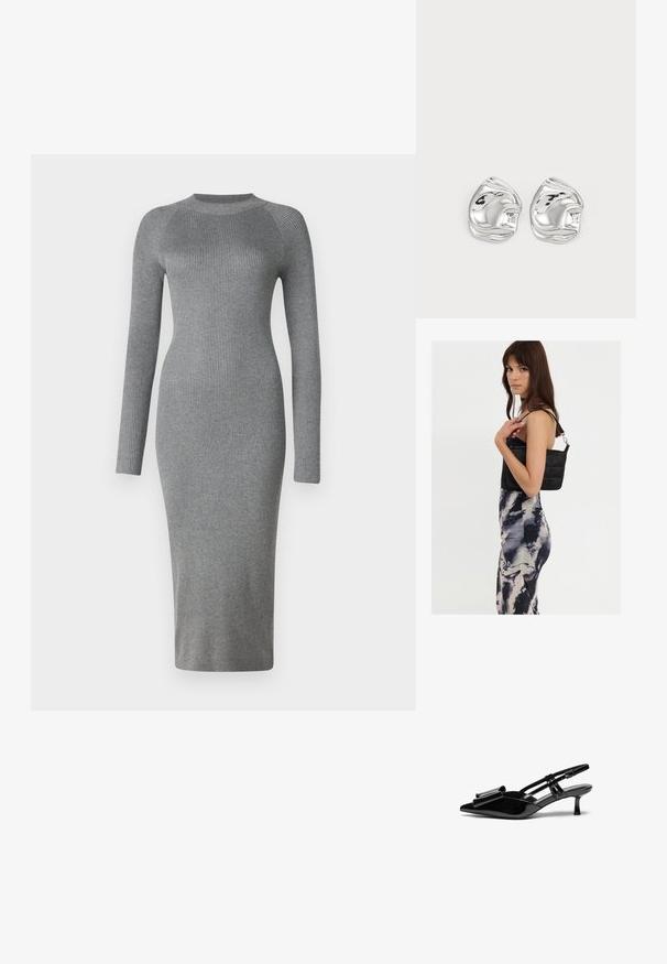 Grijze geribde gebreide jurk met lange mouwen, aansluitende silhouet, ronde halslijn en knie-lange snit. Soepele textuur met een verticale patroon.; Zwarte gepatineerde lederen slingback hakken met een puntige neus, een strikdetail aan de voorkant en een kleine stilettohak. De bandjes hebben verstelbare gespen.; Zwarte gewatteerde schoudertas met een enkele strap en zilveren hardware, gecombineerd met een fitted, tie-dye patroon jurk in tinten zwart en crème.; Zilveren abstracte studs met een gepolijste afwerking, met gladde rondingen en subtiele contouren. Geen zichtbare patronen of accenten.