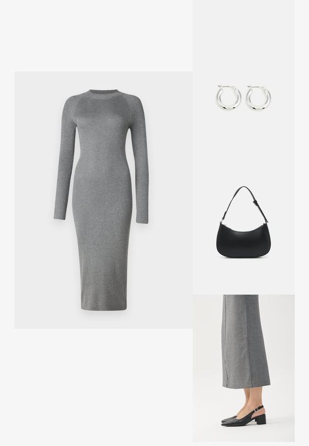 Vestido de punto gris de canalé con mangas largas, silueta ajustada, cuello redondo y corte a la altura de la rodilla. Textura suave con un patrón vertical.; Zapatos slingback de cuero negro con puntera puntiaguda, tacón ancho y un detalle en el tacón en color rosa contrastante. Textura lisa con un diseño minimalista.; Pieces PCALUANA SHOULDER BAG - Bolso de mano - black; Pendientes de aro de plata con un acabado pulido, que presentan una forma circular y un cierre de gancho. Textura suave con detalles mínimos.