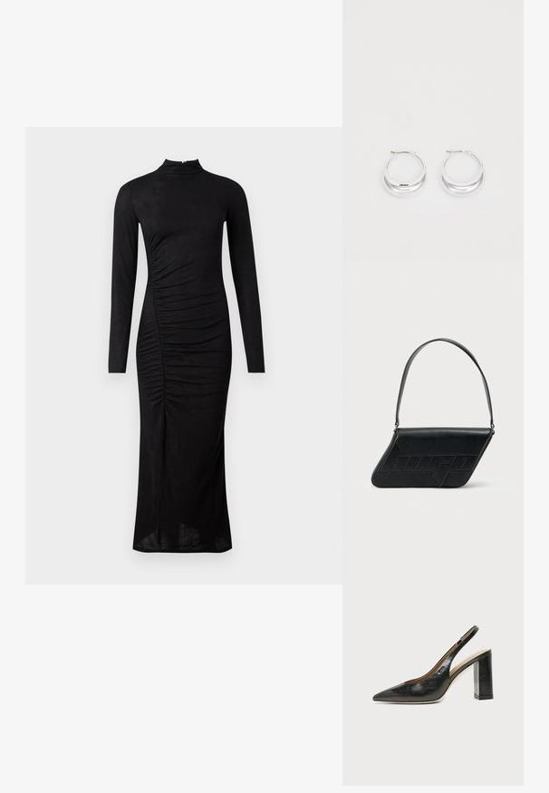 Robe noire à manches longues avec un col montant, des détails plissés sur le côté, et une silhouette droite, fabriquée dans un tissu lisse et extensible.; Chaussure slingback en cuir noir à bout pointu avec un talon bloc haut et une doublure intérieure beige sur un fond clair uni.; Sac d'épaule en cuir noir de forme triangulaire, avec un logo embossé et une seule bandoulière réglable. Design minimaliste avec une texture lisse.; Boucles d'oreilles en argent avec une finition polie et un branding DKNY, présentées sur un fond blanc uni.