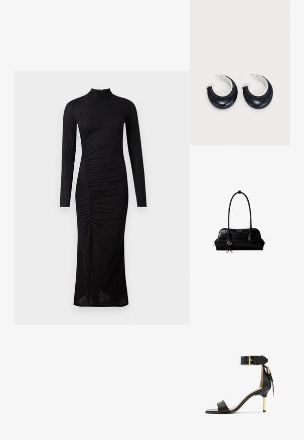 Robe noire à manches longues avec un col montant, des détails plissés sur le côté, et une silhouette droite, fabriquée dans un tissu lisse et extensible.; Sandale à talon en cuir noir avec un bout carré, une bride de cheville dotée d'une boucle en or et un talon métallique fin. Texture lisse, design minimaliste.; Sac à épaule en cuir noir à texture crocodile, avec de longues sangles et un petit charm logo argenté sur une sangle.; Boucles d'oreilles en résine noire avec une finition brillante et des accents en métal argenté. Forme circulaire avec une découpe et une fermeture à tige.
