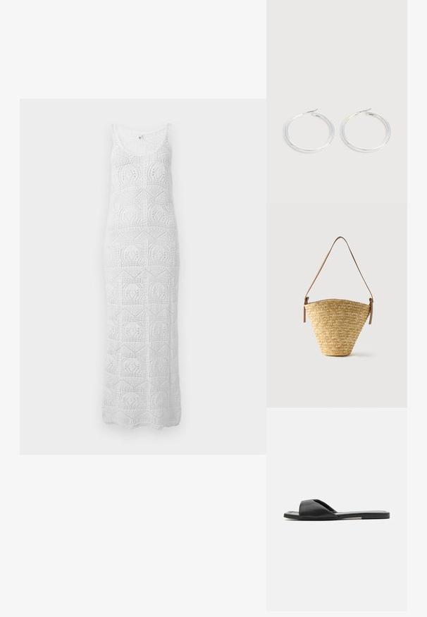 Robe maxi blanche sans manches en crochet avec encolure dégagée et motifs géométriques en dentelle sur toute la surface.; Des sandales en slide noires présentent un matériau synthétique lisse, un design ouvert à l'avant et une semelle plate avec une bande d'accent minimaliste sur le côté.; Sac seau en paille tissée avec une base large, un sommet étroit et une bandoulière en cuir marron ajustable.; Paire de boucles d'oreilles créoles argentées brillantes avec fermoirs en fil fin, présentée sur un fond gris clair.