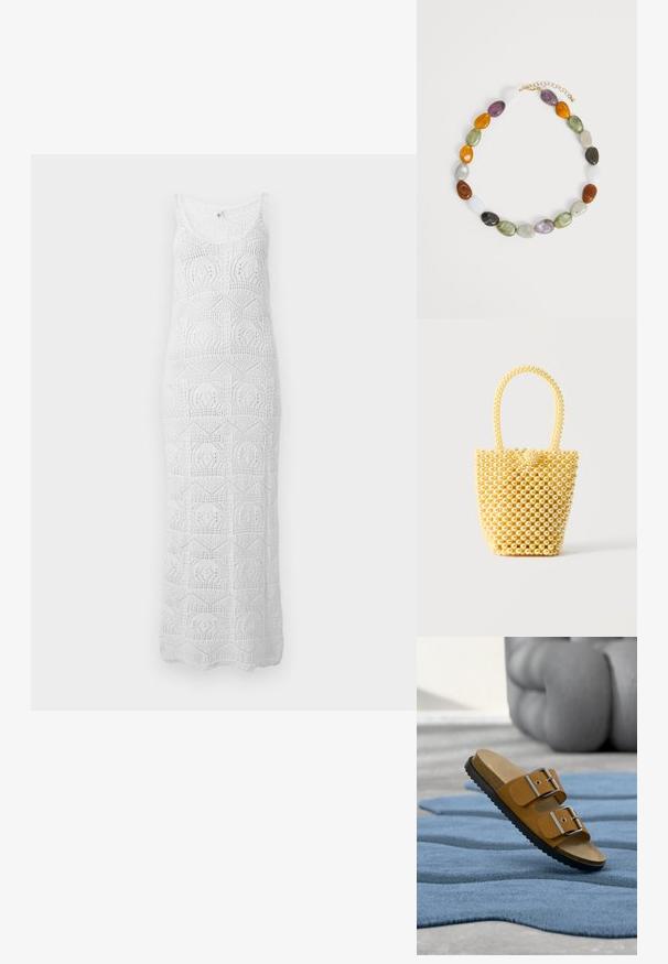 Vestido maxi blanco de crochet sin mangas con escote redondo y patrones geométricos de encaje por todo el vestido.; Sandalia tipo slide de ante marrón con dos hebillas plateadas ajustables, plantilla de corcho y suela de goma negra, colocada sobre una alfombra azul texturizada.; Bolso pequeño estilo bolso cubo hecho de cuentas brillantes de color crema con asa de cuentas en forma de lazo y cierre decorativo con nudo de cuentas.; Collar de cuentas de piedra multicolor con cuentas ovaladas en tonos púrpura, naranja, verde, blanco, marrón y crema, con un cierre de cadena dorada.