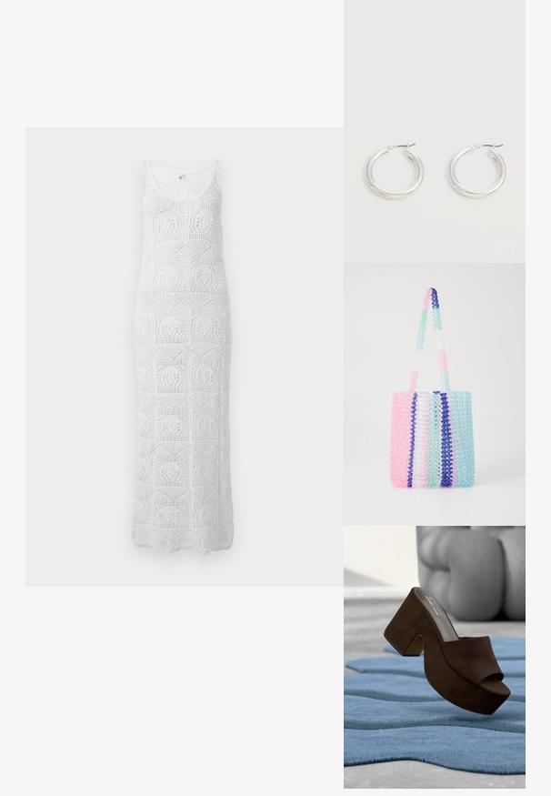 Vestido maxi blanco de crochet sin mangas con escote redondo y patrones geométricos de encaje por todo el vestido.; Zapato mule de plataforma de ante marrón exhibido sobre una alfombra azul texturizada con una escultura abstracta gris de fondo.; Bolsa de mano colorida hecha de cuentas transparentes. Presenta rayas en rosa, verde, azul y blanco. Dos asas de cuentas resistentes.; Par de pendientes de aro plateados brillantes de tamaño mediano con cierres metálicos finos sobre un fondo neutro claro.
